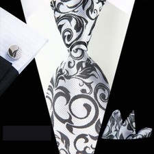 Classic Floral Blue Silver Jacquard Silk Men's Tie Necktie Hanky Cufflink Set