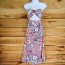 SHEIN Strapless Maxi Dress Womens Size L Pink Floral Polyester Cut-Out Leg Slit