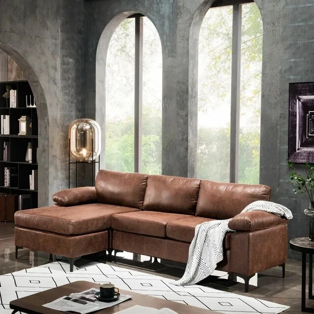 Mid Century Classic Style Suede Leather L Shape Couch Chaise