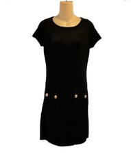 Muche et Muchette Black Short Sleeve Knit Dress S/M, Gold Buttons, Pockets NWT