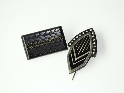 Lot De 2 BROCHES ART DÉCO Anciennes - Noir Avec Strass - Sans Marque - En BON ÉTAT (Occasion)