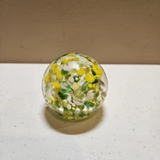 Brinn's 2.5 Inch Glass Paperweight Yellow, White, Green Colors.