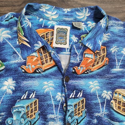 Genuine Current Vintage Hawaiian Shirt Mens L Hawaiian Tropical Aloha Cars Blue