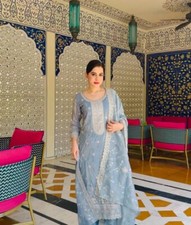 Classic Look Gold Crush Silk Salwar Kameez With Sky Blue Dupatta For Festival