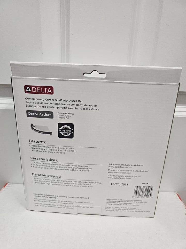 Delta 41516-CZ Corner Shower Shelf with Assist Bar in White And Chrome - New - Image 3 of 3