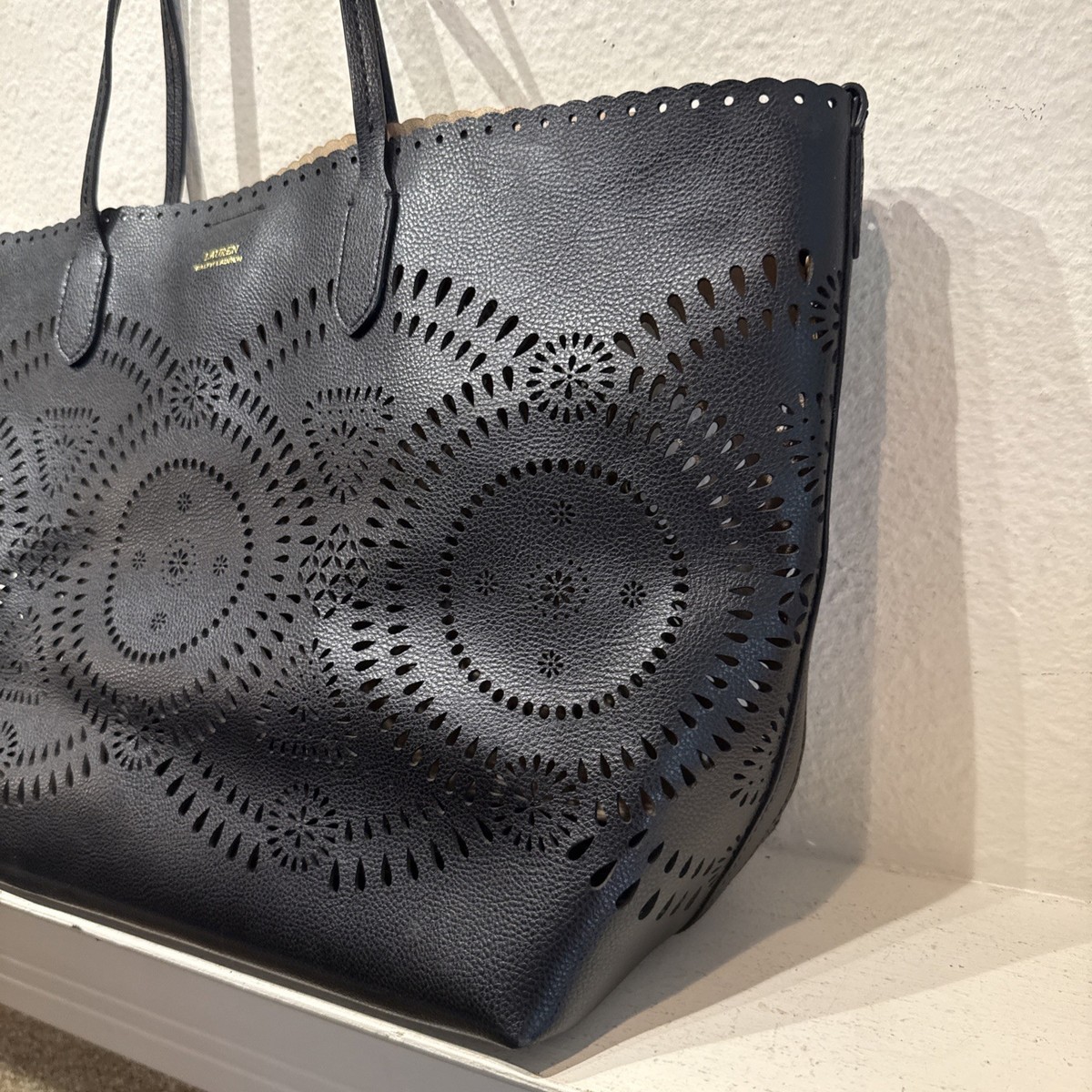 Lauren Ralph Lauren Black Leather Tote Perforated Shopper Bag View 2