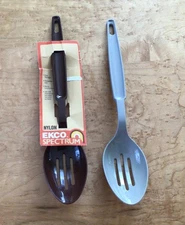 2 Vintage Ekco Nylon Plastic Slotted Serving Spoons Server USA Brown & Gray 11”