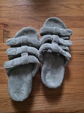 Vionic EUC Women  s Size 10 Three Adjustable Strap Slippers Silver Terry Cloth