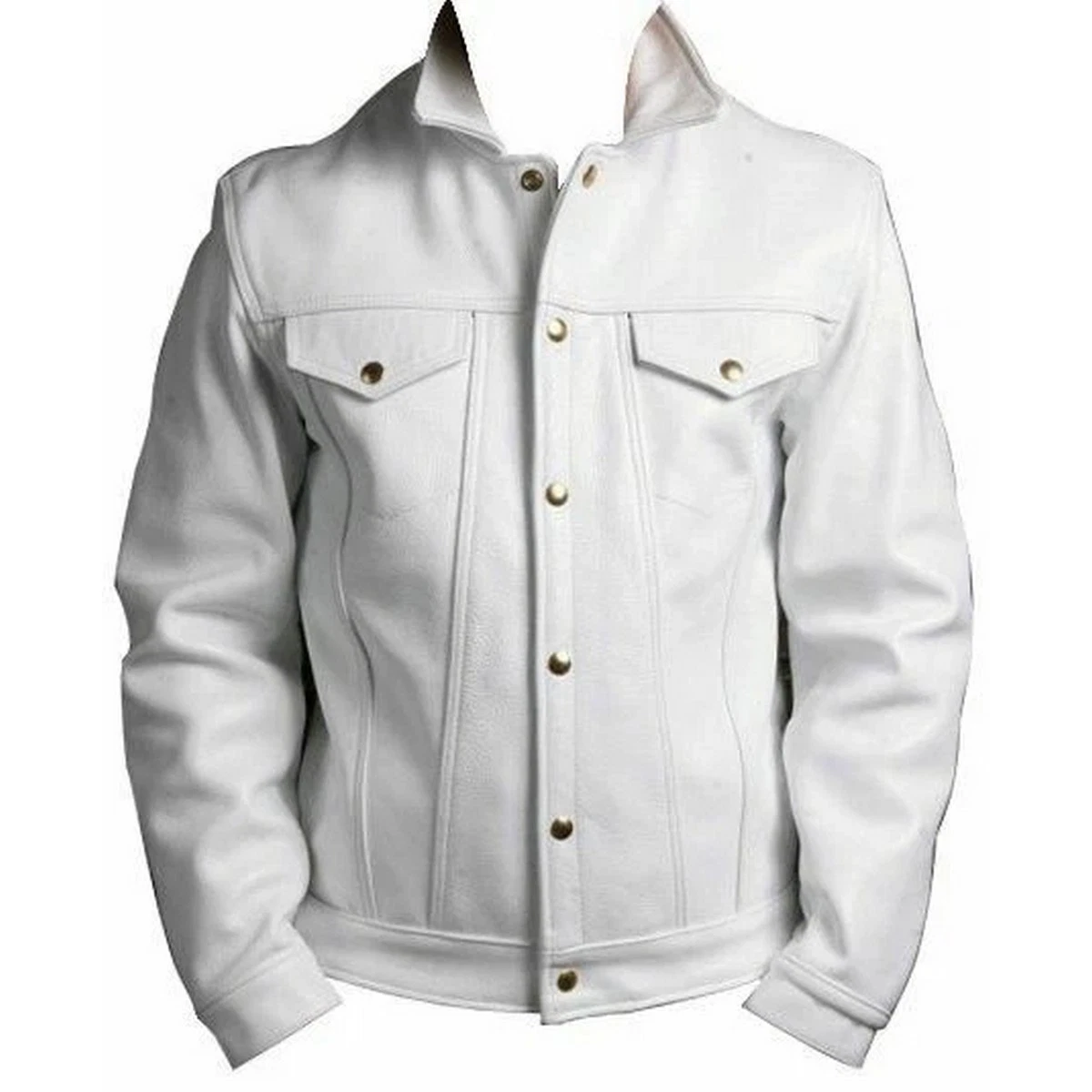 Men's Leather Trucker Jacket Pure Lambskin White Western Style Denim Coat Jacket