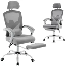 Ergonomic High-Back Mesh Office Chair with Retractable Footrest in Elegant Grey