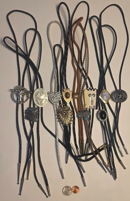 Vintage Lot of 12 Metal Bolo Ties, Bull, Heart, Texas, More, Nice Designs