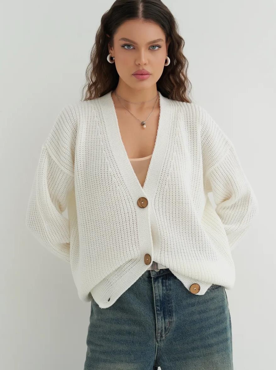 Beige White Black Embroidered V-neck Cozy Cable Knitted Cardigan