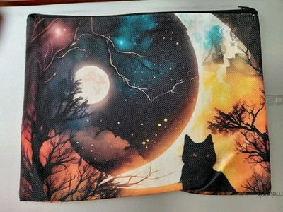 Vintage Style Halloween Black Cat & Moon Zipper Cosmedic Makeup Bag 8'' x 10'' NEW