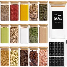 16Pcs Glass Spice Jars with Bamboo Lid, 10oz Airtight Square Containers with ...