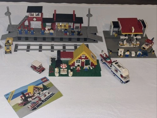 Vintage Lego 7824 Train Station Set + 6378 Shell Station + 6388 Holiday Home