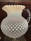 VTG MCM Fenton 1950's Hobnail Blue Opalescent Glass Ball Crimped Rim Pitcher 8”H