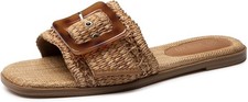 Women's Raffia Flat Sandals Open Toe Slip On Woven Buckle Slide Sandals