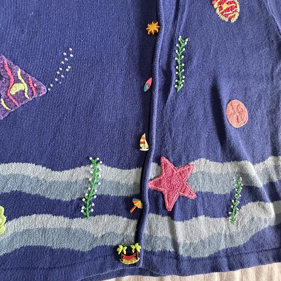 Vtg Quacker Factory Cardigan Sweater Womens 1X Blue Ocean Sea Life Embroidered - Image 4 of 4