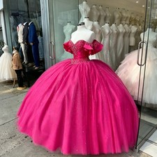 Quinceanera Dresses Hot Pink Off Shoulder Beading Sweet 16 Party Prom Ball Gowns