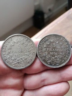Lot de 2 pièces 5 Francs Hercule Argent Troisième république 1873 A et 1876 A