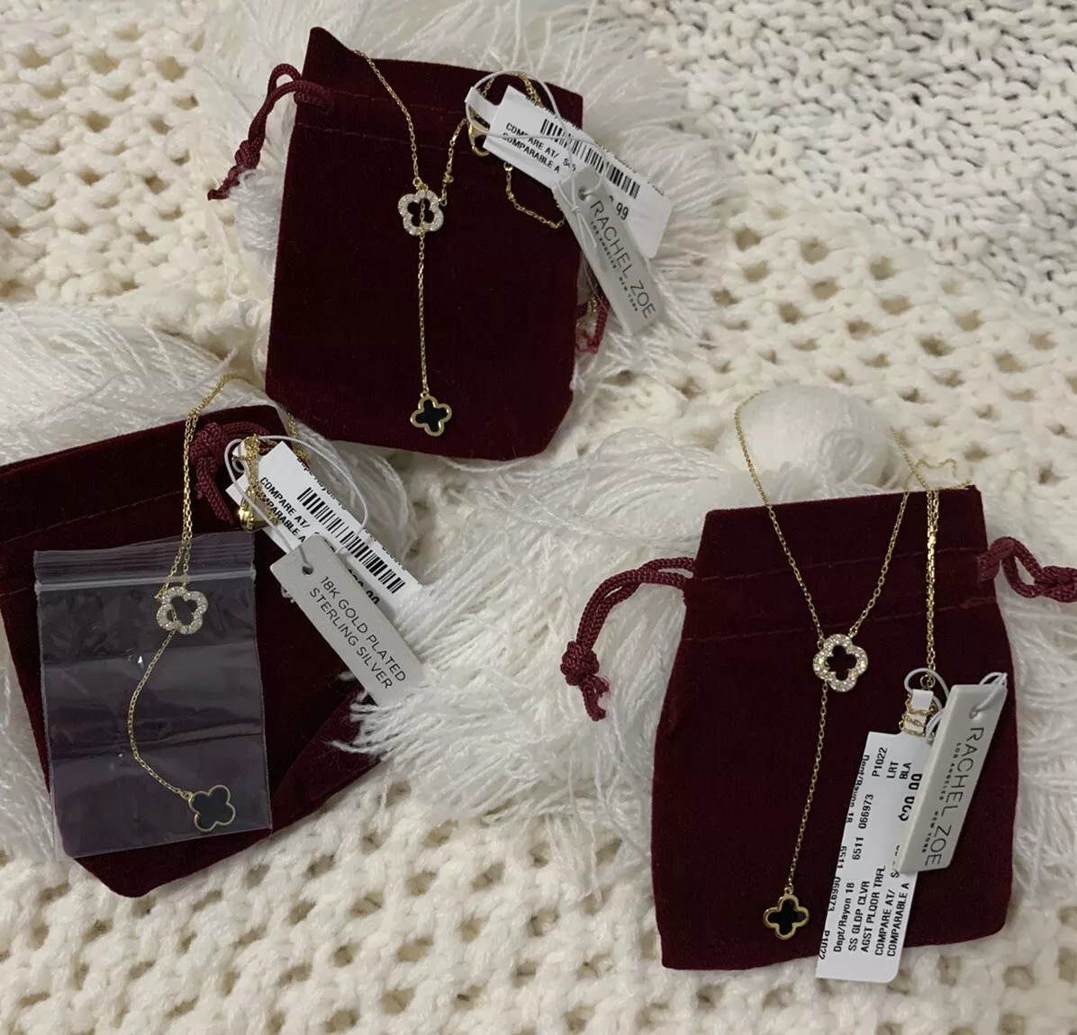 NWT Rachel Zoe 18K Gold Plated 925 Sterling Silver Onyx Clover Necklace Lot 3