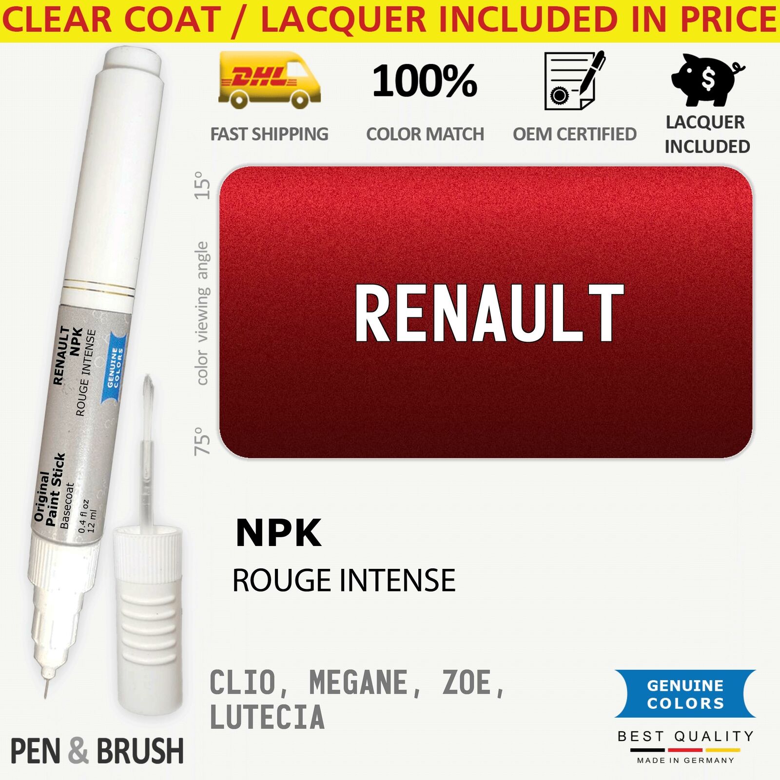 NPK Touch Up Paint for Renault Red CLIO MEGANE ZOE LUTECIA ROUGE INTENSE Pen Sti