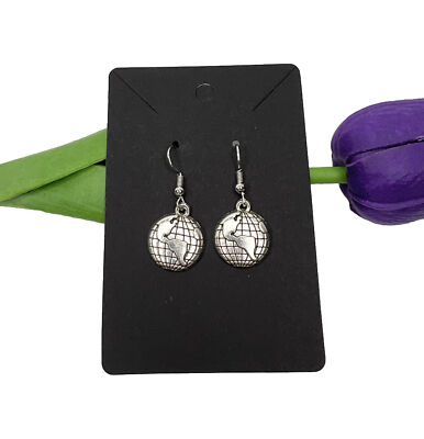 Handmade world map earth charm earrings silver hooks costume jewelry