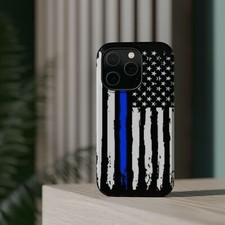 Phone Case: American Flag Thin Blue Line, Tough Protective Cover, USA Patriot