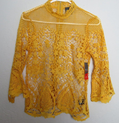 NWT Bold Elements Sz XS Gold Orange High Neck Lace Top Bell Sleeves Zip Back