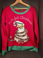 PURRFECT Ugly Christmas Sweater Kitty Jingle Bells Gold Fringe RED Green SZ MED