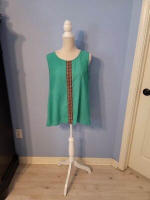 Faith & Joy Size Large Blouse Womens Green Sleeveless Round Neck 