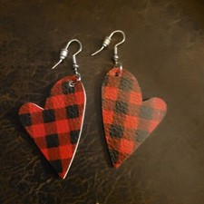 Faux Leather Buffalo Plaid Heart Shaped Drop Dangle Earrings
