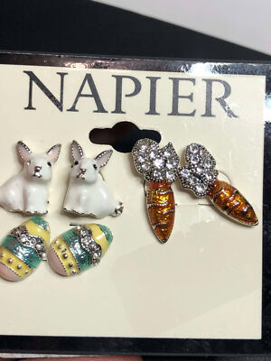 3086 Napier set of 3 easter spring stud earrings Bunny Carrot egg
