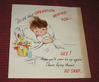 Cute 1940s Rust Craft Red Headed Boy in Bed Get Well Greeting Card