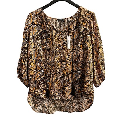 Tahari Top Womens 1X Black Paisley Print Tassel Tie Neck Tunic Balloon Sleeve