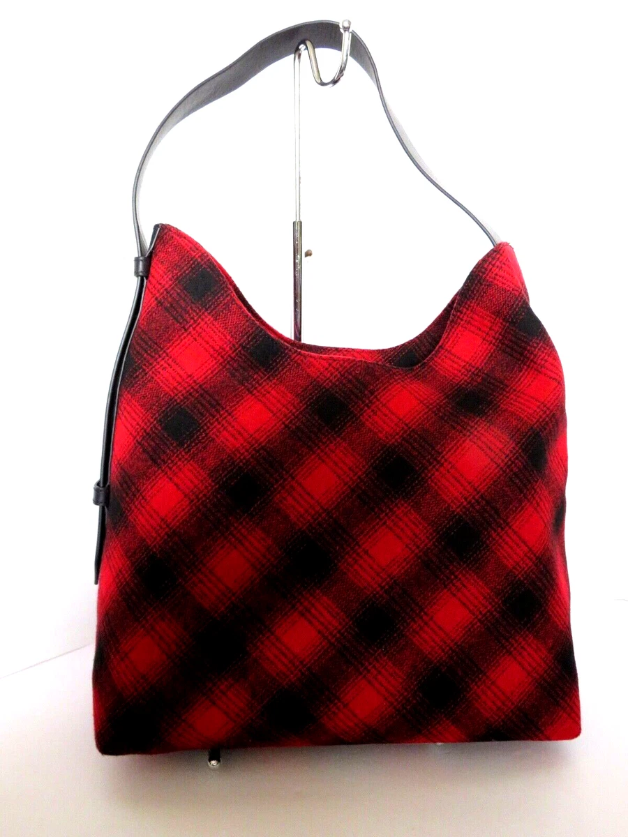 J JILL Large Wool Leather Buffalo Plaid Shoulder Bag NEW