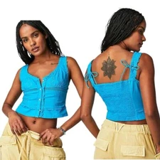 Free People Kerry Crop Embroidered Lace Cotton Tank Blue Butterfly X-Small New