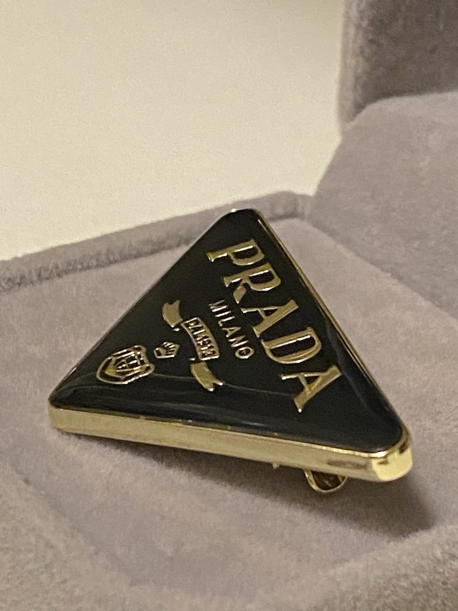 Prada enameled-metal triangle Gold logo brooch pin -Black Jewelry