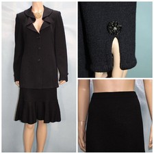 ST. JOHN Collection Black Jacket Skirt L 10 12 2pc Suit Buttons Collar Ruffled