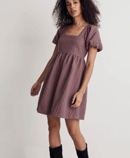 NWT $148 Madewell Floral Quilted Puff-Sleeve Mini Dress Mauve Purple Size XL