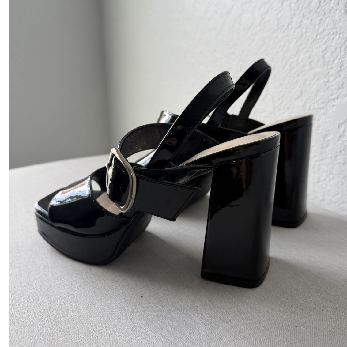 Marc Fisher Women’s Black Patent Leather Platform Block Heel Ankle Strap Sandals