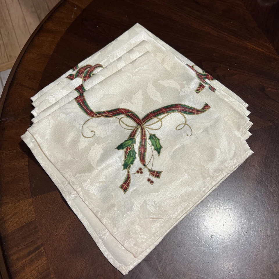 Juego de 4 servilletas de tela LENOX Holiday Nouveau Ribbon 19" cinta de acebo rojo marfil Foto 4 de 4