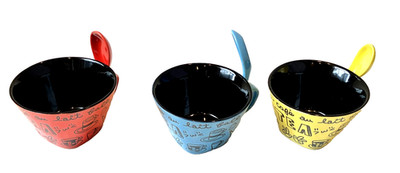 3 Mr. Cafe Au Lait Colorful Coffee Tea Hot Chocolate Mugs With Matching Spoons