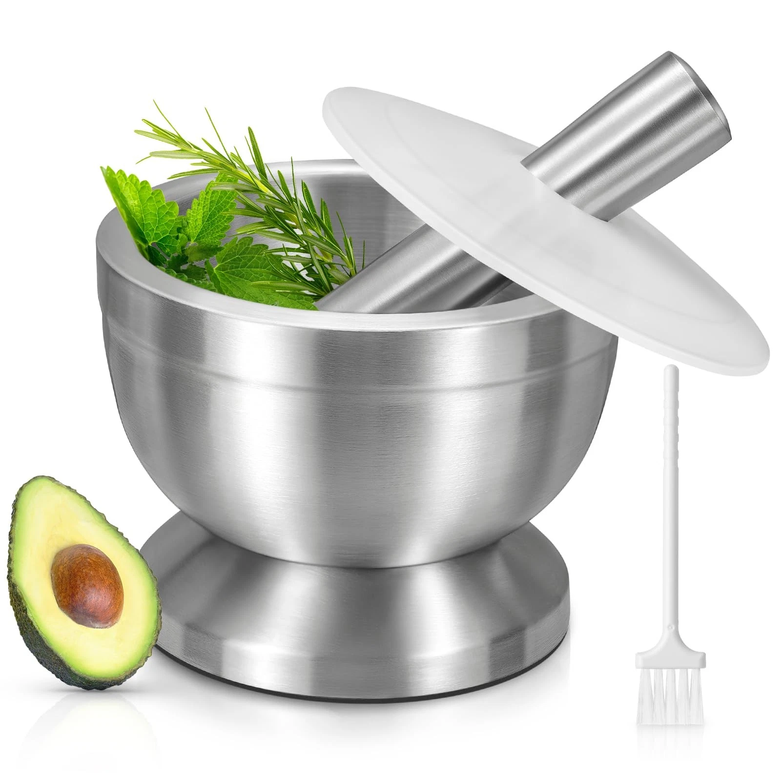 Mortar and Pestle, 18/8 Stainless Steel Spice Grinder Crusher with Lid for Cr...