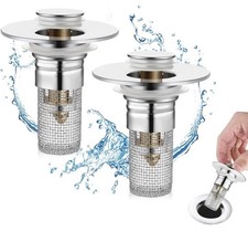 NEW 2Pcs Silver Pop Up Bathroom Sink Drain Plug Stopper Hair Catcher Filter