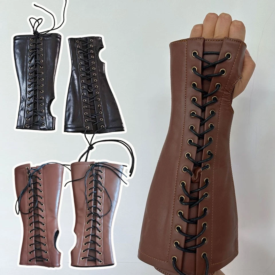 PU Leather Fingerless Gloves Punk Gothic Eyelet Lace Up Wristband Arm Sleeve - Image 4 of 4