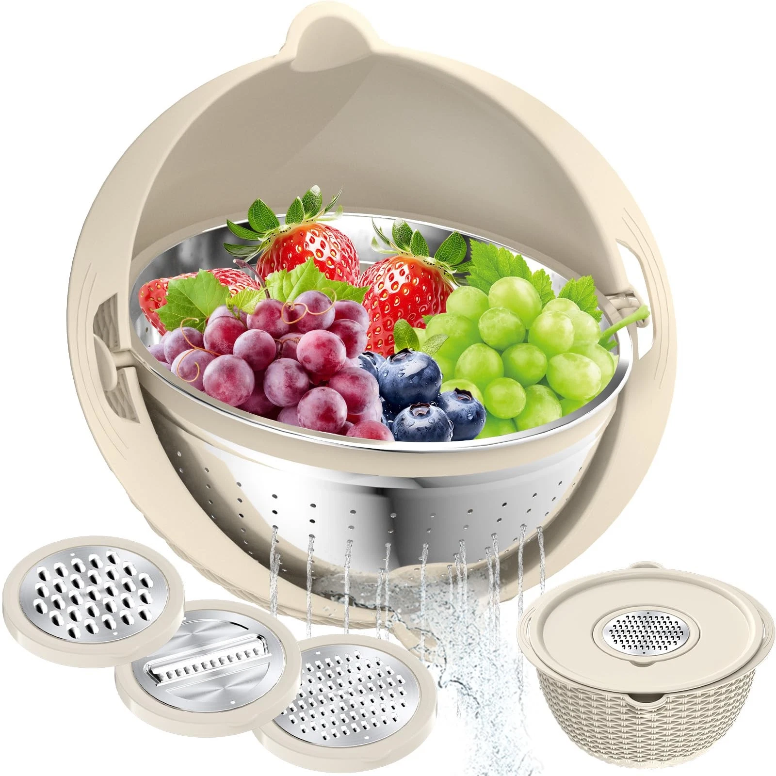 4-1 Colander with Bowl Set, Food Strainers and Colanders, Fruit Washing Bowl ...