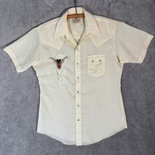 Vintage Dee Cee Brand Mens Cream Western Pearl Snap Short Sleeve Bull Shirt 16 M