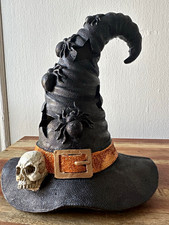 Halloween Lighted Witch Hat Prop Decor Black Orange Buckle Skull Spiders