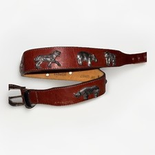 VTG Honest Safari Belt brown leather 28 Silvertone Animals Bruss Buckle